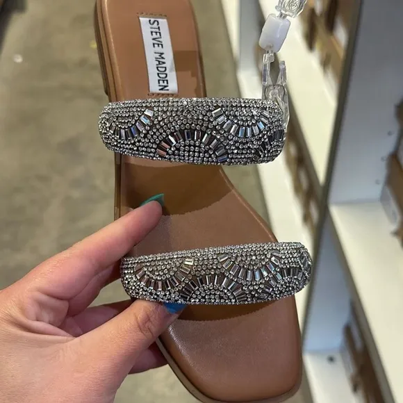 STEVE MADDEN • Harty Rhinestone Double Strap Slip-On Sandals