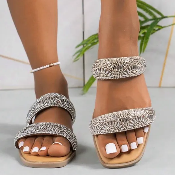 STEVE MADDEN • Harty Rhinestone Double Strap Slip-On Sandals