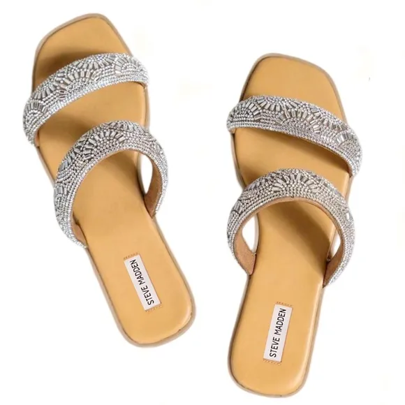 STEVE MADDEN • Harty Rhinestone Double Strap Slip-On Sandals