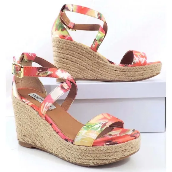 Steve Madden Montauk Espadrille Platform Wedge Sandals Floral Fabric Size 9