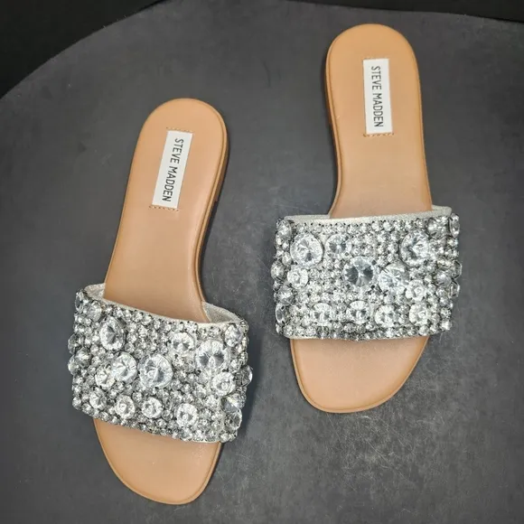 Steve Madden sandals women's 7.5M silver rhinestones Knicky slides metallic new