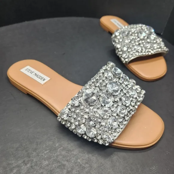 Steve Madden sandals women's 7.5M silver rhinestones Knicky slides metallic new