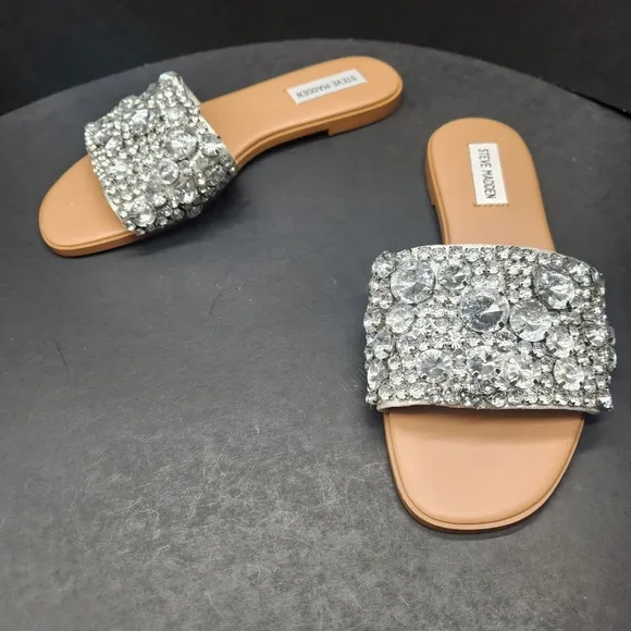 Steve Madden sandals women's 7.5M silver rhinestones Knicky slides metallic new