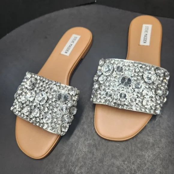 Steve Madden sandals women's 7.5M silver rhinestones Knicky slides metallic new