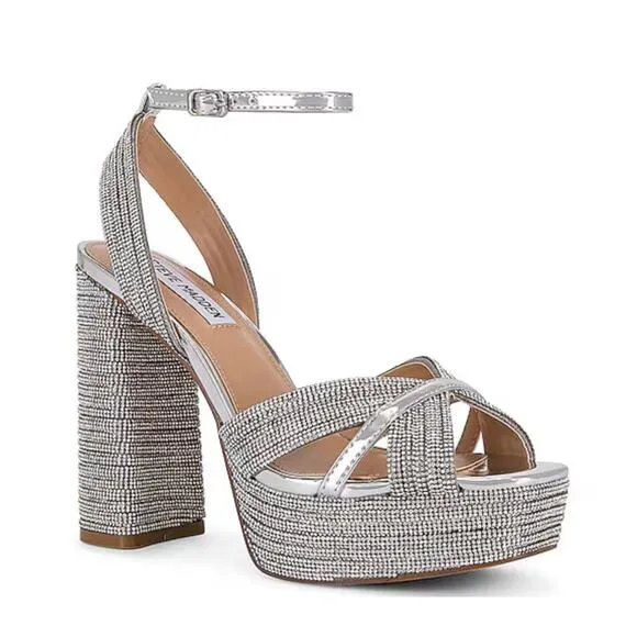 Steve Madden Silver Laurel Rhinestones Platform Strappy Heels Size 9.5