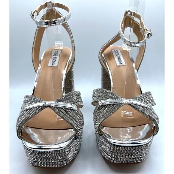 Steve Madden Silver Laurel Rhinestones Platform Strappy Heels Size 9.5