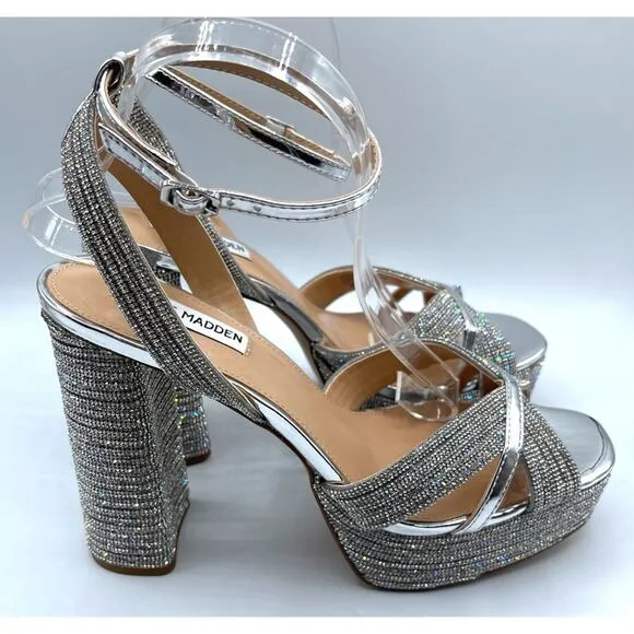Steve Madden Silver Laurel Rhinestones Platform Strappy Heels Size 9.5