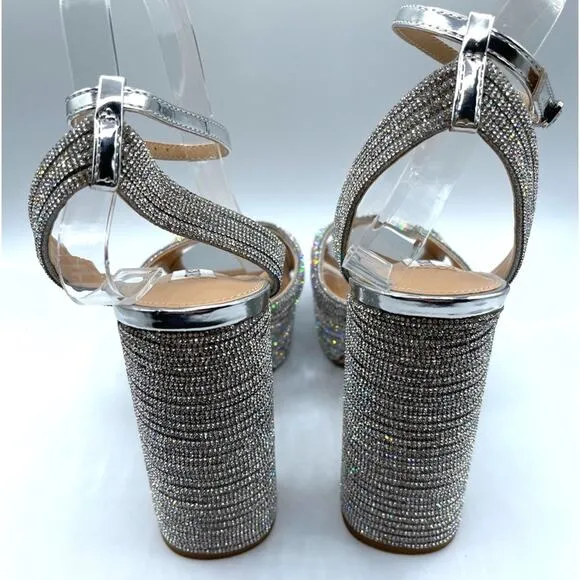 Steve Madden Silver Laurel Rhinestones Platform Strappy Heels Size 9.5