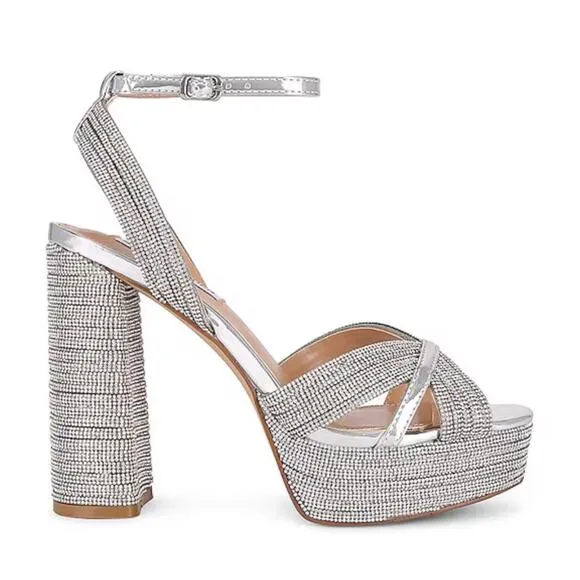 Steve Madden Silver Laurel Rhinestones Platform Strappy Heels Size 9.5