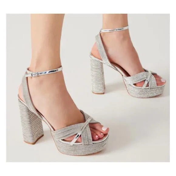 Steve Madden Silver Laurel Rhinestones Platform Strappy Heels Size 9.5