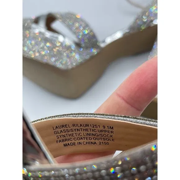 Steve Madden Silver Laurel Rhinestones Platform Strappy Heels Size 9.5
