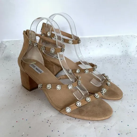 Steve Madden Tan Suede Rhinestone 3 Strap Block Heel Sandals - Sz 9.5 Joena Zip