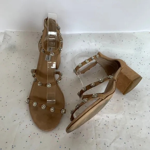 Steve Madden Tan Suede Rhinestone 3 Strap Block Heel Sandals - Sz 9.5 Joena Zip