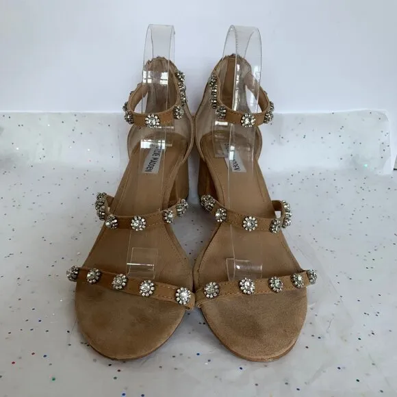 Steve Madden Tan Suede Rhinestone 3 Strap Block Heel Sandals - Sz 9.5 Joena Zip