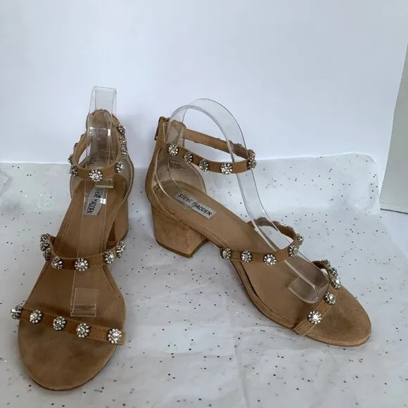 Steve Madden Tan Suede Rhinestone 3 Strap Block Heel Sandals - Sz 9.5 Joena Zip