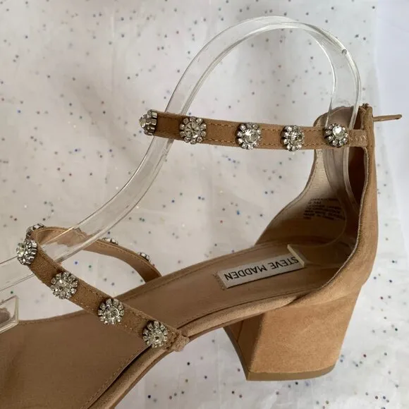 Steve Madden Tan Suede Rhinestone 3 Strap Block Heel Sandals - Sz 9.5 Joena Zip