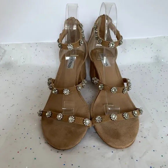Steve Madden Tan Suede Rhinestone 3 Strap Block Heel Sandals - Sz 9.5 Joena Zip