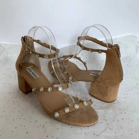 Steve Madden Tan Suede Rhinestone 3 Strap Block Heel Sandals - Sz 9.5 Joena Zip