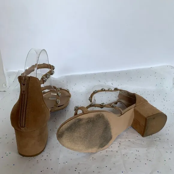Steve Madden Tan Suede Rhinestone 3 Strap Block Heel Sandals - Sz 9.5 Joena Zip