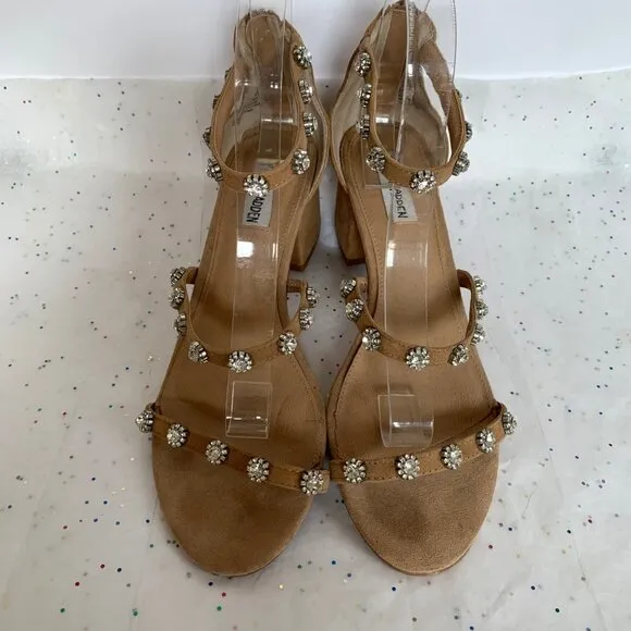 Steve Madden Tan Suede Rhinestone 3 Strap Block Heel Sandals - Sz 9.5 Joena Zip