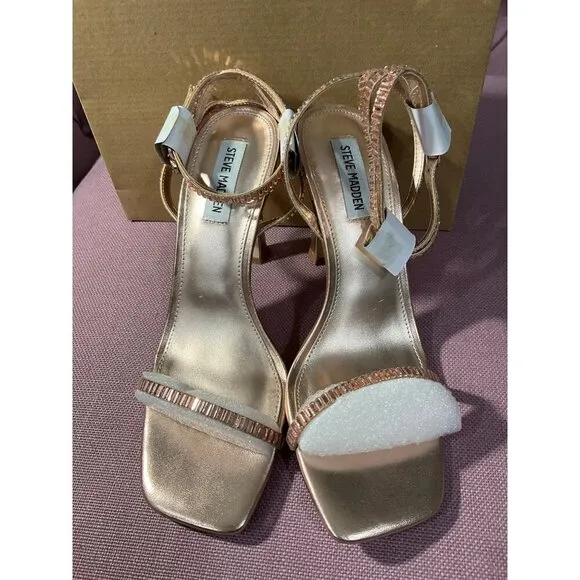 Steve Madden Thierry High Heel in Rose Gold 9 with box Womens Rhinestones Sandal