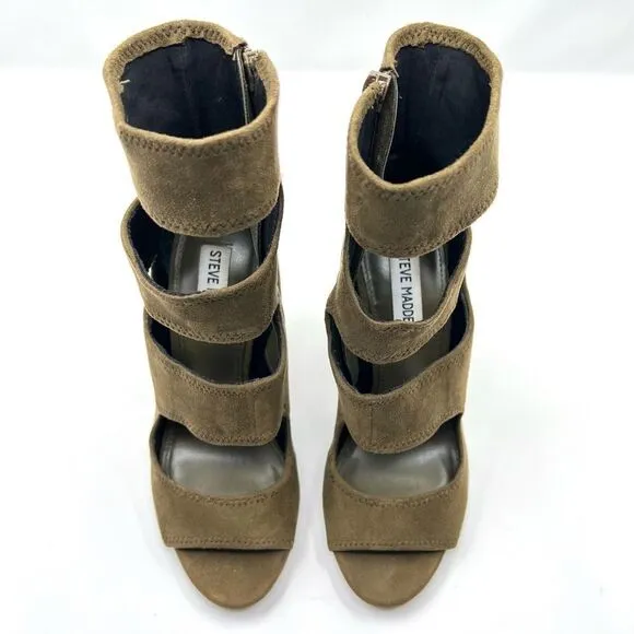 Steve Madden Tawnie Olive Microfiber Suede Cut Out Caged High Heel Sandals 7.5