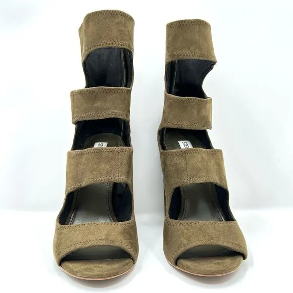 Steve Madden Tawnie Olive Microfiber Suede Cut Out Caged High Heel Sandals 7.5