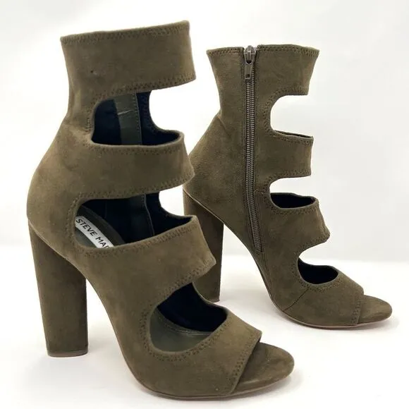 Steve Madden Tawnie Olive Microfiber Suede Cut Out Caged High Heel Sandals 7.5