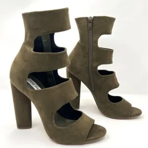 Steve Madden Tawnie Olive Microfiber Suede Cut Out Caged High Heel Sandals 7.5