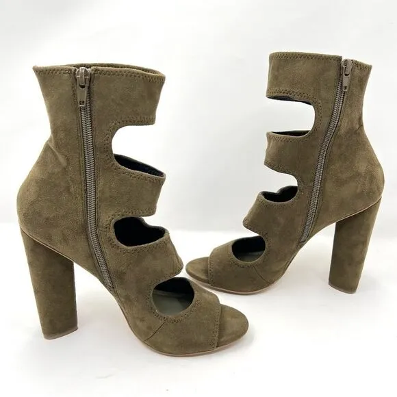 Steve Madden Tawnie Olive Microfiber Suede Cut Out Caged High Heel Sandals 7.5