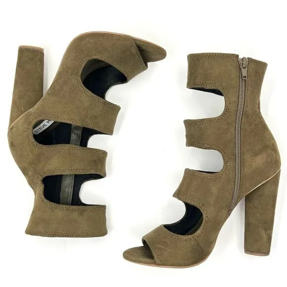 Steve Madden Tawnie Olive Microfiber Suede Cut Out Caged High Heel Sandals 7.5