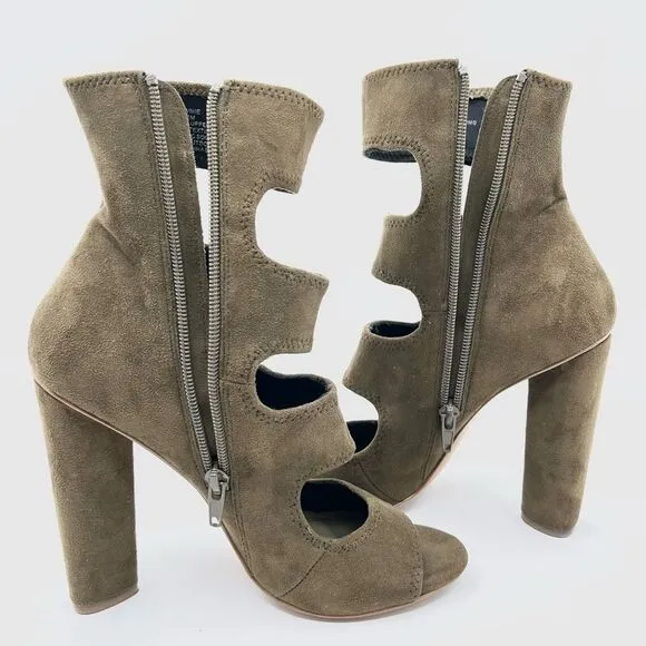 Steve Madden Tawnie Olive Microfiber Suede Cut Out Caged High Heel Sandals 7.5