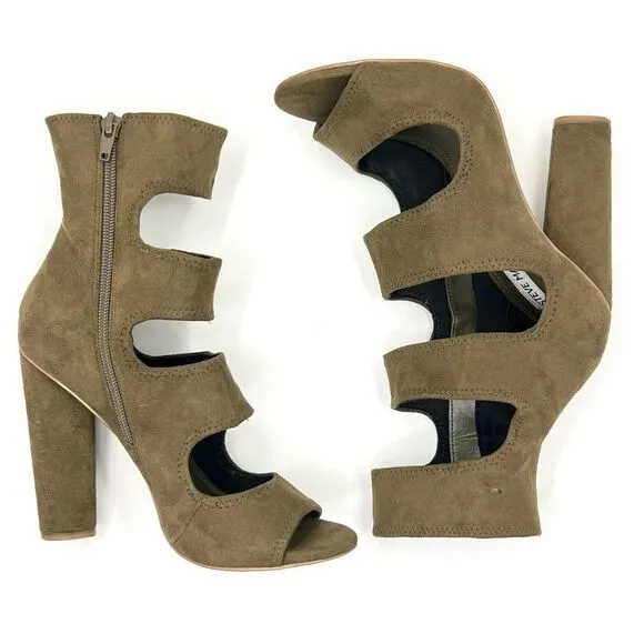 Steve Madden Tawnie Olive Microfiber Suede Cut Out Caged High Heel Sandals 7.5
