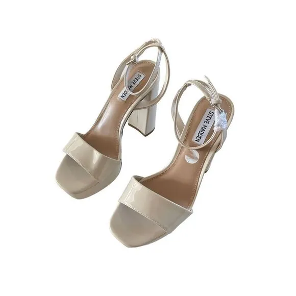 Steve Madden Womens Beige Lessa Tower Heels Ankle Strap Platform Sandals Size 8