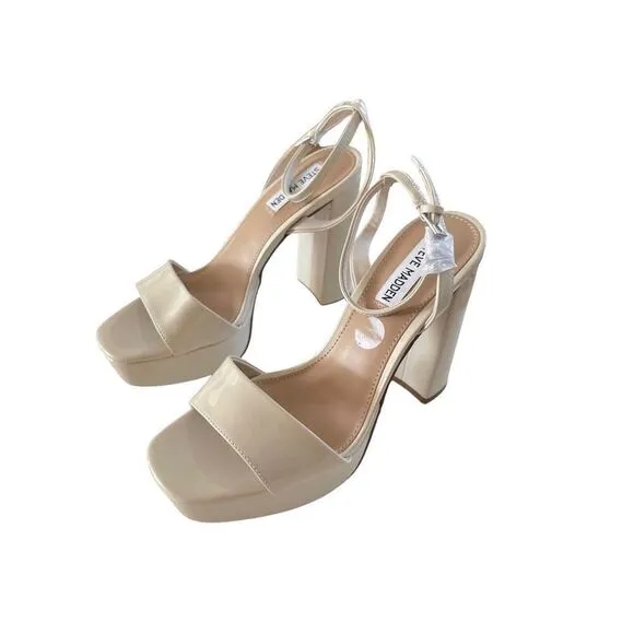 Steve Madden Womens Beige Lessa Tower Heels Ankle Strap Platform Sandals Size 8