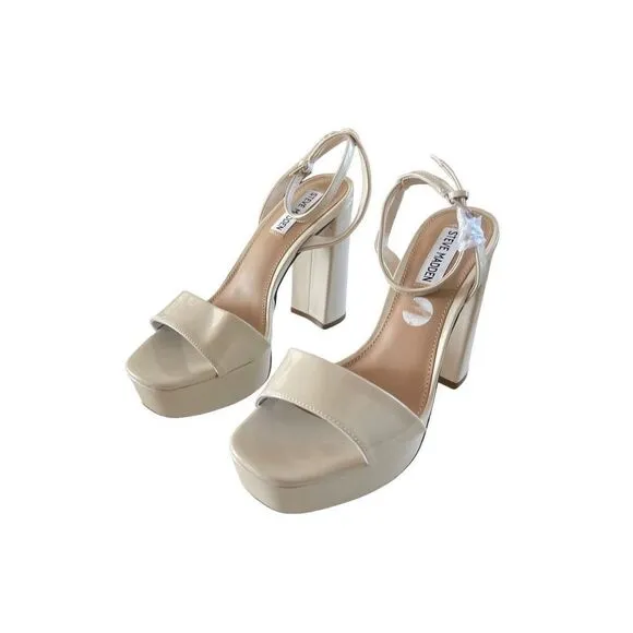 Steve Madden Womens Beige Lessa Tower Heels Ankle Strap Platform Sandals Size 8