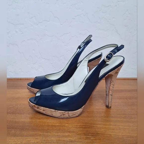 Steven by Steve Madden leather slingback heels navy patent cork peep toe sandals