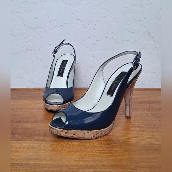 Steven by Steve Madden leather slingback heels navy patent cork peep toe sandals