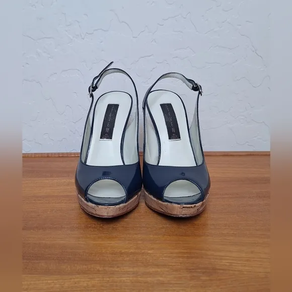 Steven by Steve Madden leather slingback heels navy patent cork peep toe sandals