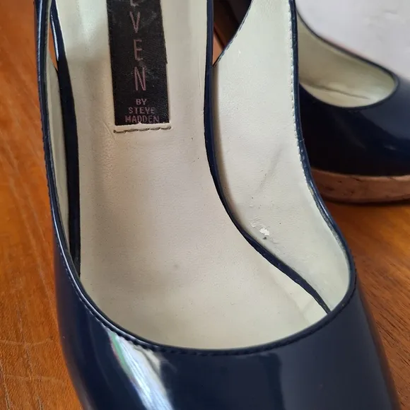 Steven by Steve Madden leather slingback heels navy patent cork peep toe sandals