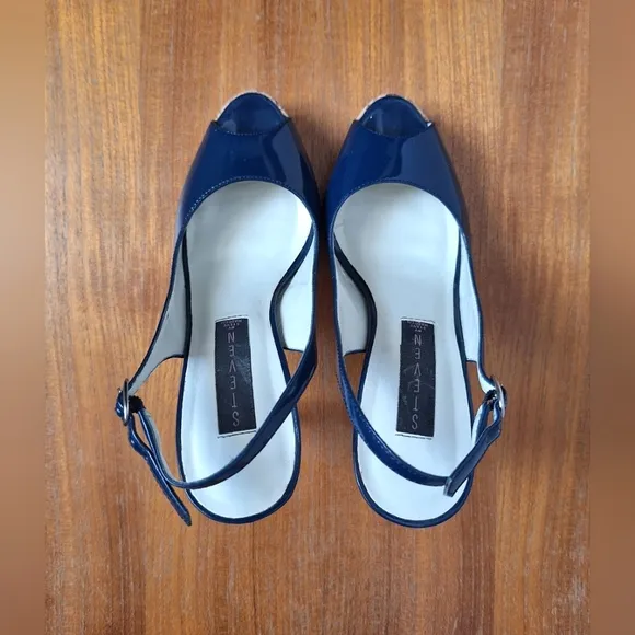 Steven by Steve Madden leather slingback heels navy patent cork peep toe sandals