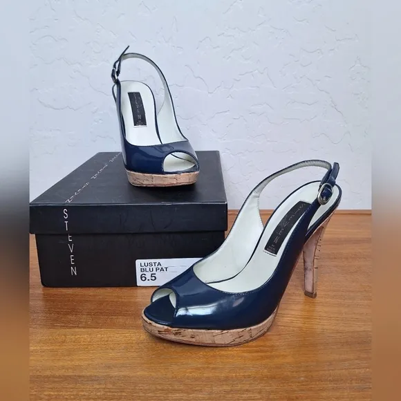 Steven by Steve Madden leather slingback heels navy patent cork peep toe sandals
