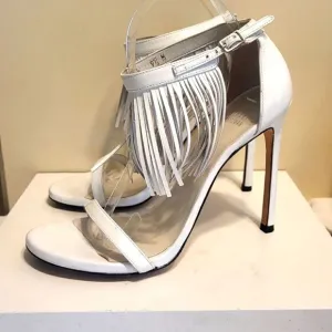 Stuart Weitzman &quot;Nudist&quot; White Leather Fringe Trim Sandals Sz.9.5 Ret $575