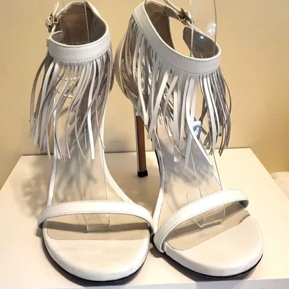 Stuart Weitzman &quot;Nudist&quot; White Leather Fringe Trim Sandals Sz.9.5 Ret $575