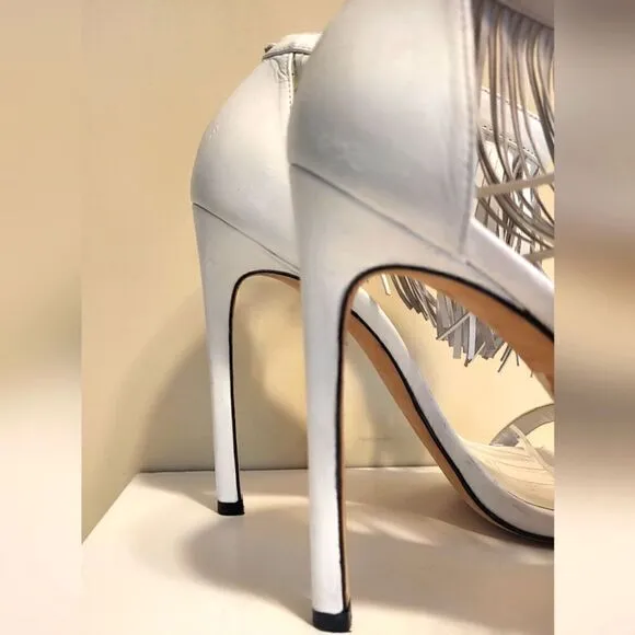 Stuart Weitzman &quot;Nudist&quot; White Leather Fringe Trim Sandals Sz.9.5 Ret $575