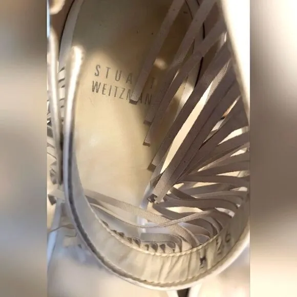 Stuart Weitzman &quot;Nudist&quot; White Leather Fringe Trim Sandals Sz.9.5 Ret $575