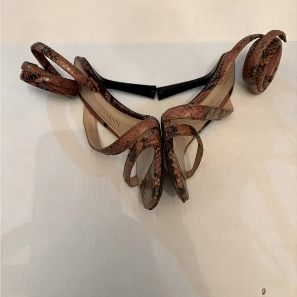 STUART WEITZMAN Beatrix 100 wrap high heel sandal luxury brown snakeskin sz8