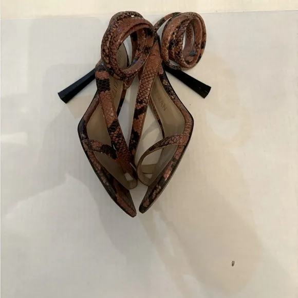 STUART WEITZMAN Beatrix 100 wrap high heel sandal luxury brown snakeskin sz8