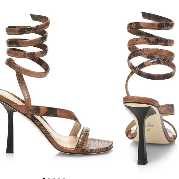 STUART WEITZMAN Beatrix 100 wrap high heel sandal luxury brown snakeskin sz8