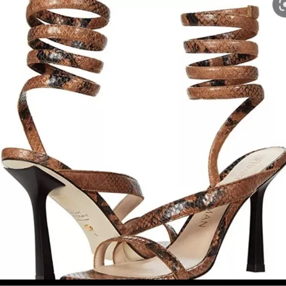 STUART WEITZMAN Beatrix 100 wrap high heel sandal luxury brown snakeskin sz8